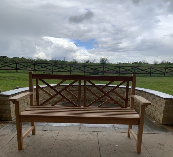 teak flat arm cross back bench